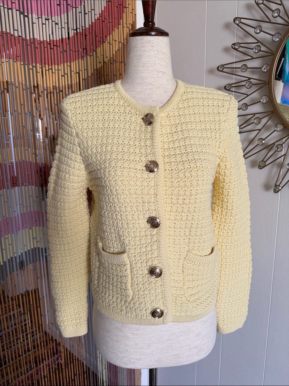 ba&sh Pale Yellow Knit Button-Front Cardigan Jacket